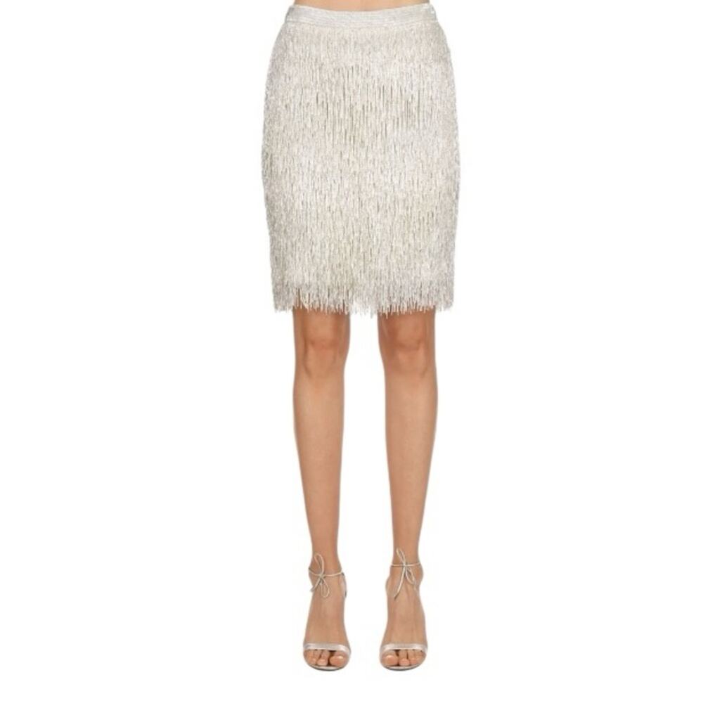 Moschino Beaded‎ Fringe Silk Pencil Skirt Silver Size 6 Rare New Retails $5945